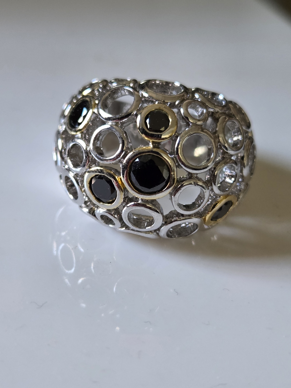 Silver Dome Ring with Black and Clear Stones